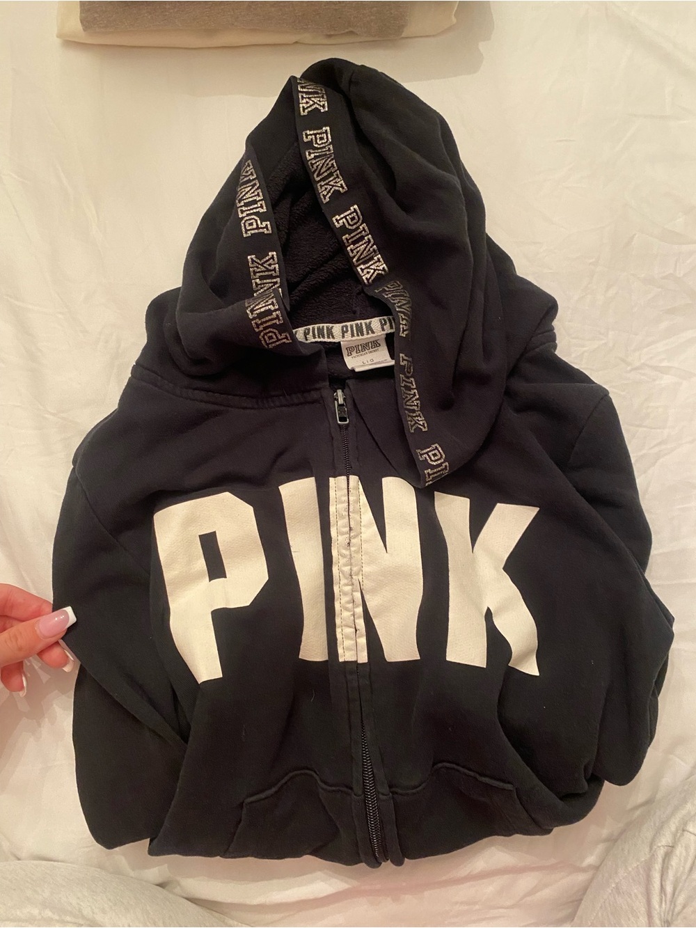 PINK Victoria's Secret Black Zip-Up Hoodie with White Logo